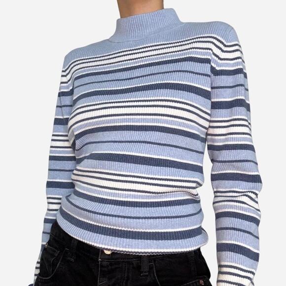Blue white striped ribbed turtleneck Karen Scott size medium - Picture 1 of 8